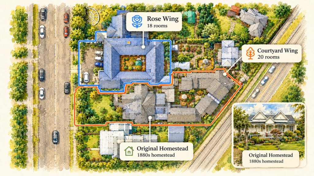 Illustrated aerial map of Wimbledon Villa showing the Rose Wing, Courtyard Wing and original homestead